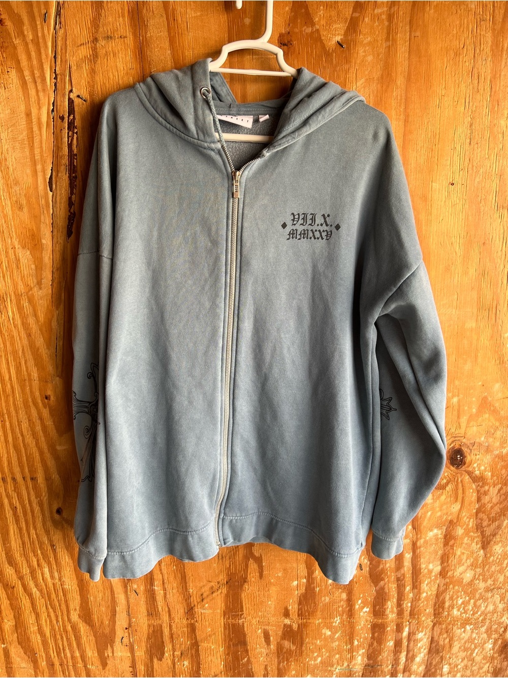 Daisy Street Washed Blue Zip Up Hoodie Roman Numeral Graphic Size M